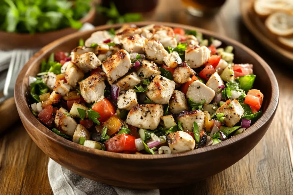 Various diced chicken breast recipes on a wooden table