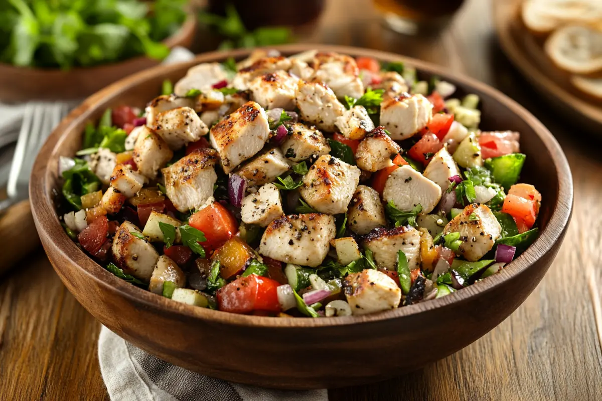 Various diced chicken breast recipes on a wooden table