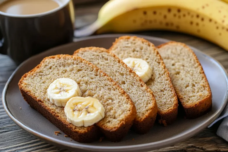 Slices of moist banana bread recipe on a wooden cutting board.