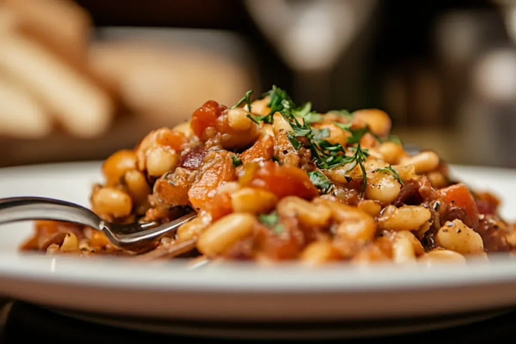 Hearty cassoulet recipe in a pot.