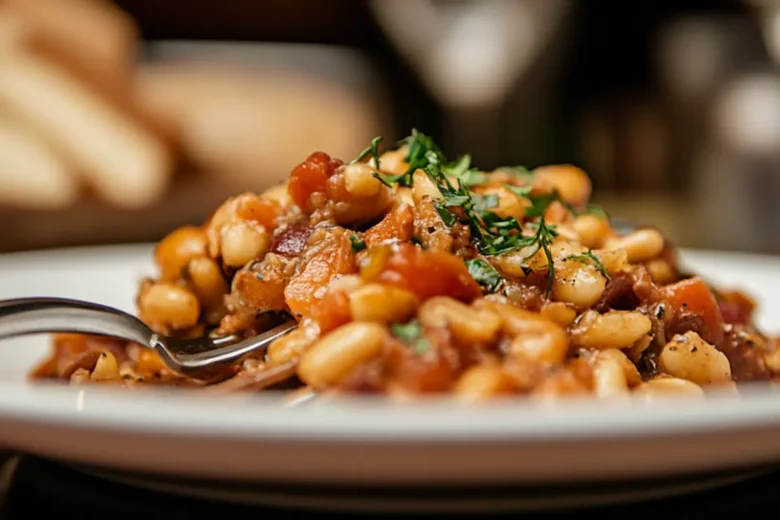 Hearty cassoulet recipe in a pot.