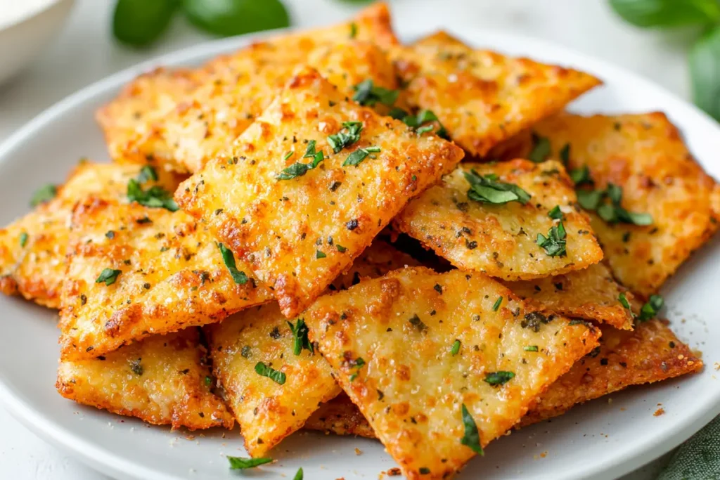Delicious and crispy keto pizza chips on a plate
