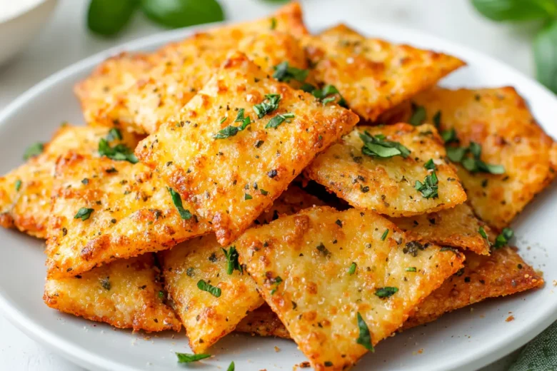 Delicious and crispy keto pizza chips on a plate
