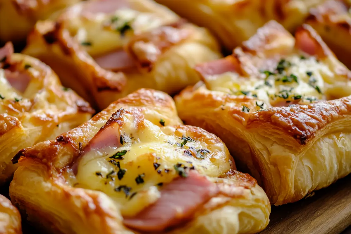 Various puff pastry breakfast recipes on a wooden table.