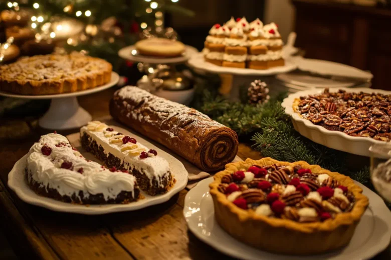 A festive display of Christmas dessert items.