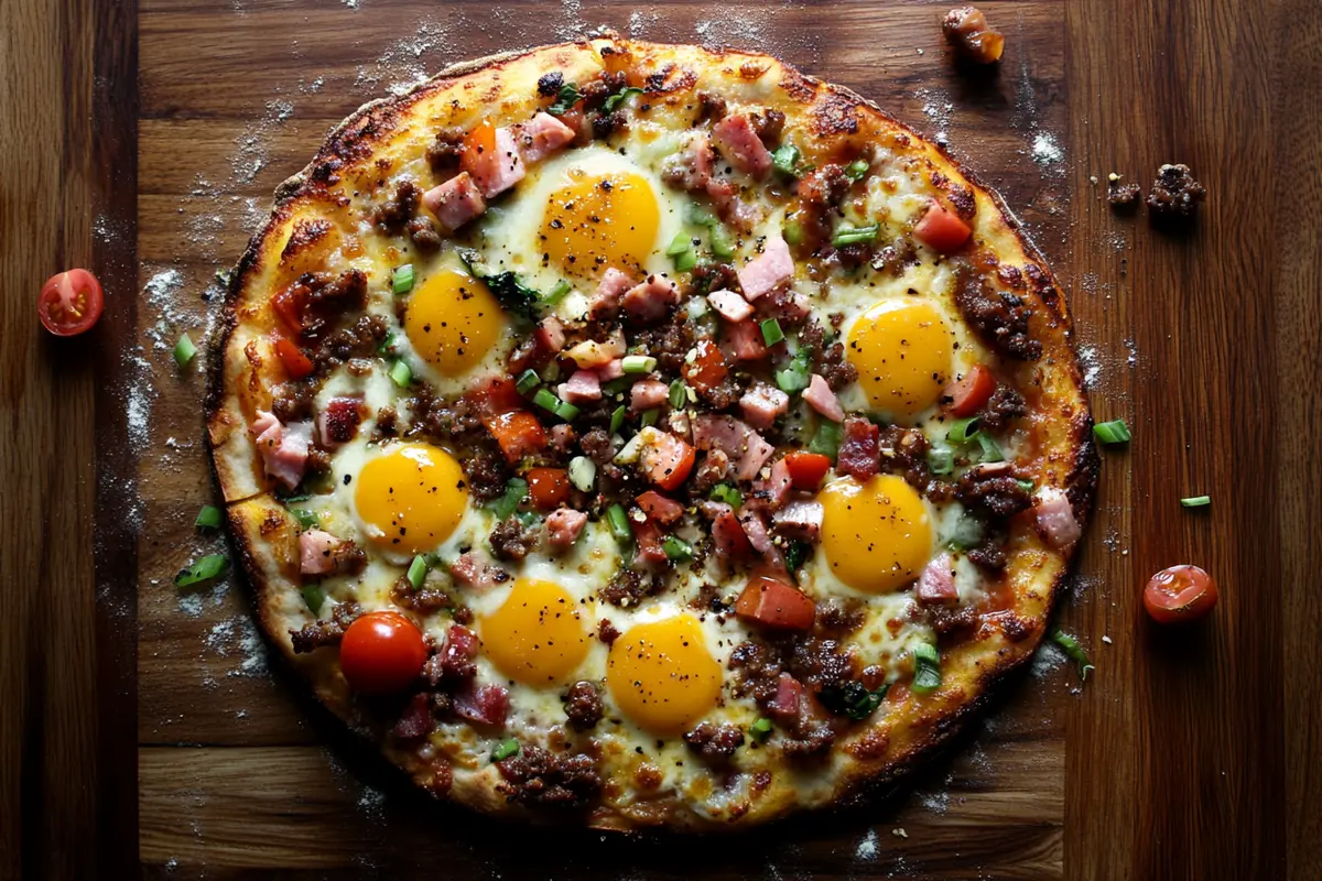 Delicious homemade breakfast pizza ready to serve.
