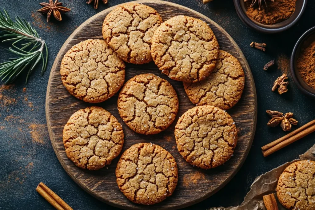 Freshly baked ginger snap cookies on a cooling rack.