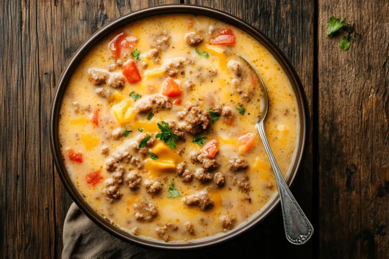 Taste of Home Cheeseburger Soup in a bowl.