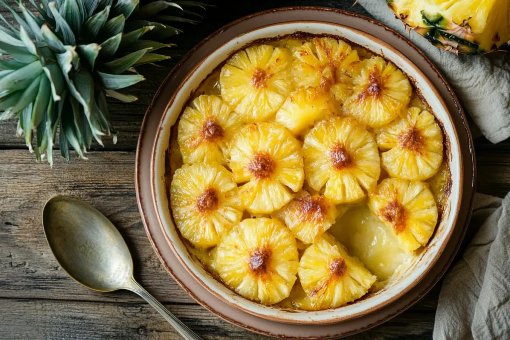Delicious Pioneer Woman pineapple casserole recipe with a golden-brown crust.