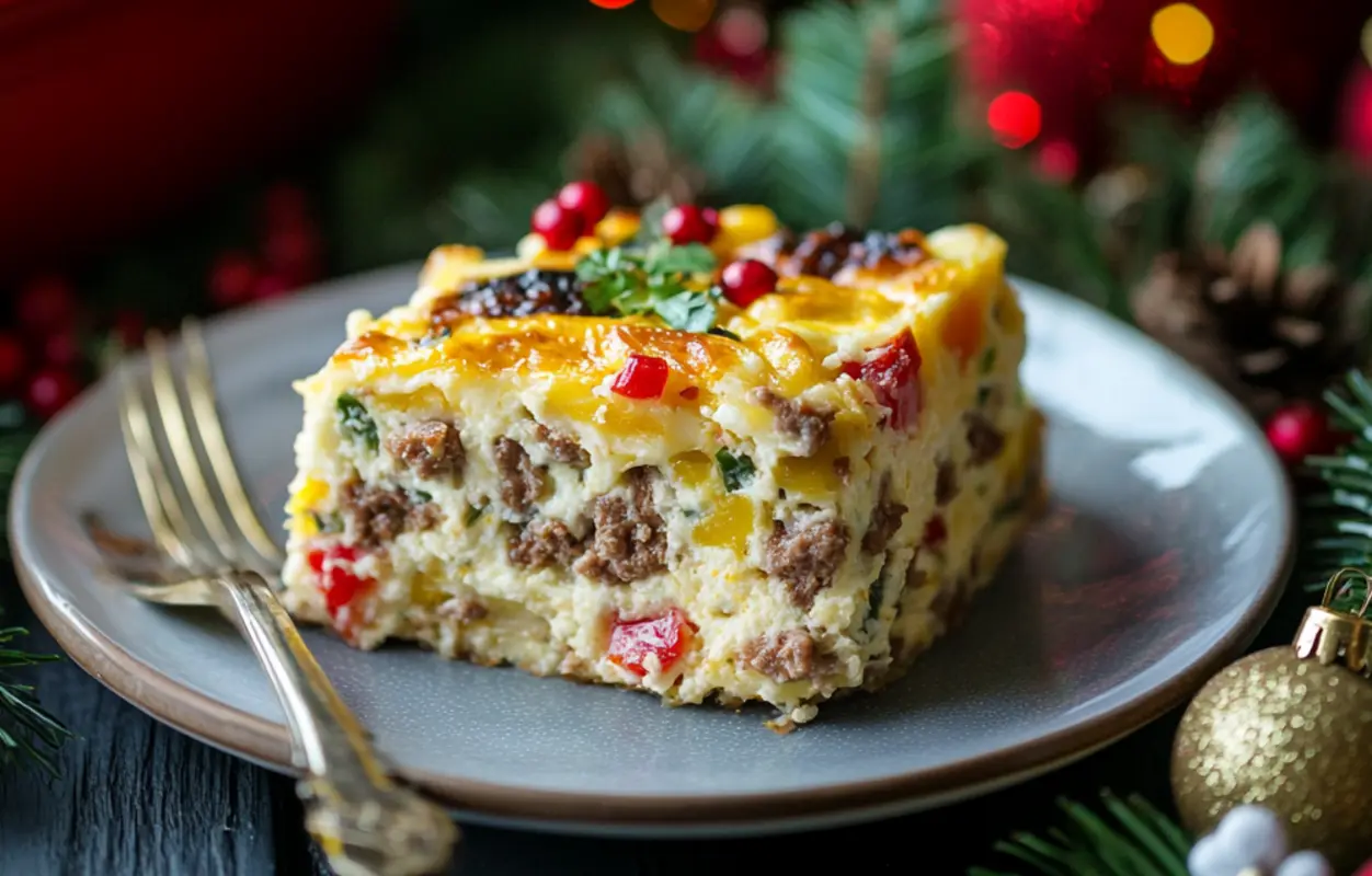 Delicious Christmas breakfast casserole ready to eat.