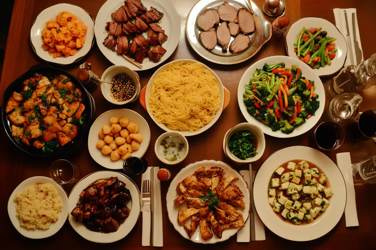 A variety of 10 good dinner foods on a colorful table