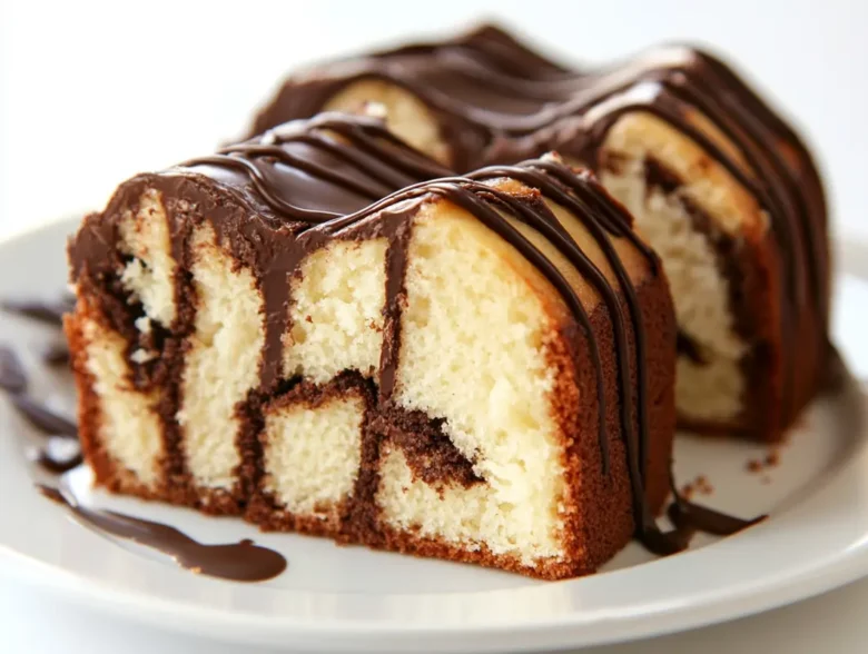 Delicious chocolate cream cheese pound cake on a plate.