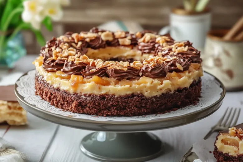 Delicious German chocolate cake on a plate