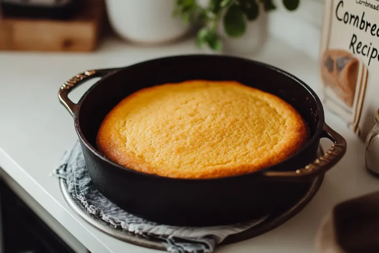Freshly baked southern cornbread recipe in a cast iron skillet.