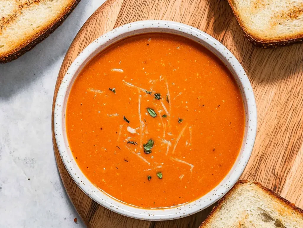 Steaming bowl of delicious tomato soup with basil and croutons.